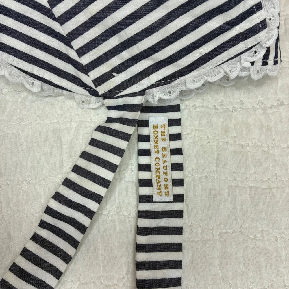 The Beaufort Bonnet Co Navy White Stripe Eyelet Trim Bonnet Small Adjustable